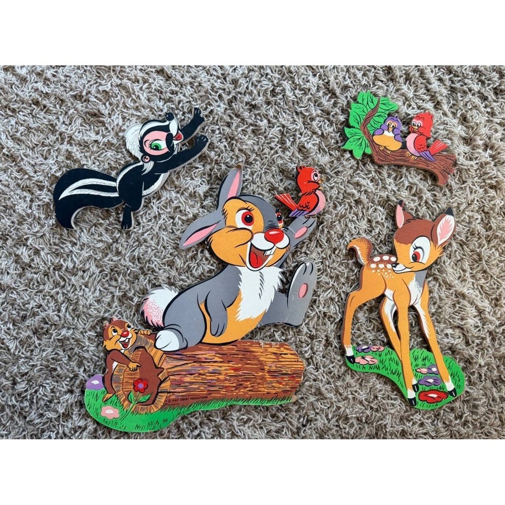 Vintage Bambi Disney Pressed Cardboard Wall Decor Set 4 Bambi, Flower, Thumper